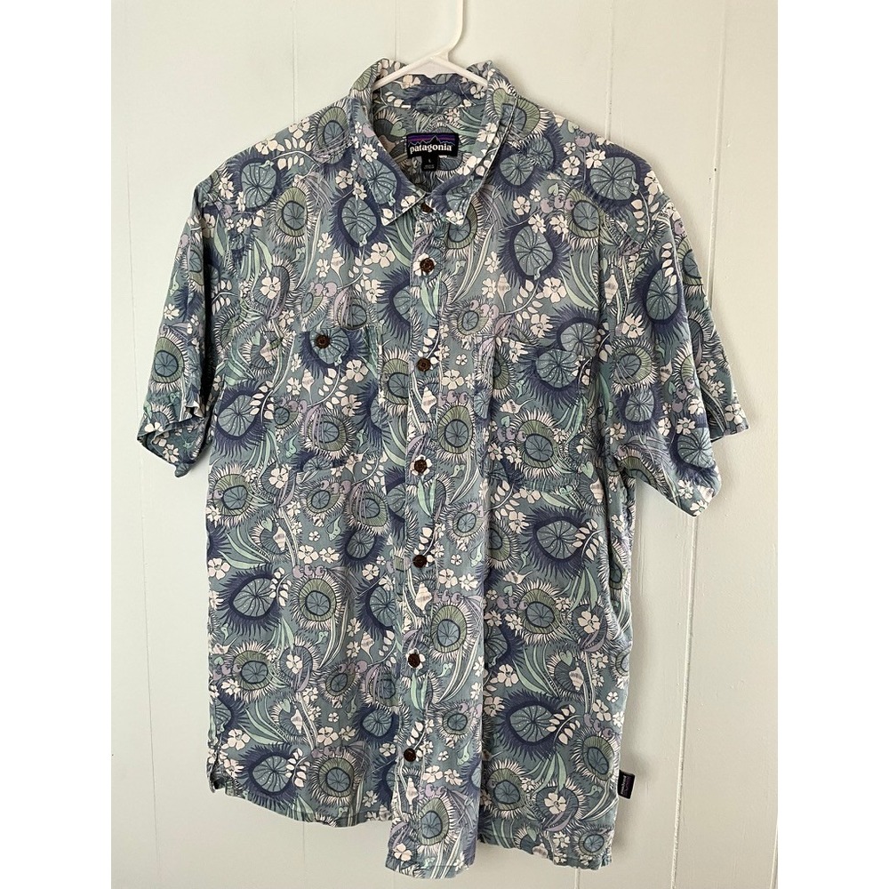 Patagonia Mens 53139 Hemp Organic Cotton Venus Flytrap Floral Shirt Large Blue